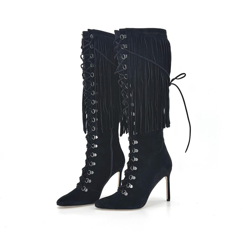 Manolo Blahnik 2015 Fringed Laceup Siouxi 105 Suede Knee High Heeled Boots 37.5